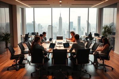Sala de reuniões com pessoas reunidas a mesa