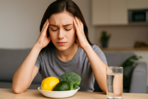 Mulher jovem sentada à mesa com expressão de estresse, mãos nas têmporas e olhos fechados, ao lado de um prato com alimentos naturais e um copo de água, simbolizando a relação entre alimentação e equilíbrio emocional.