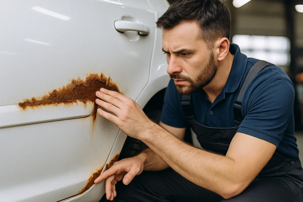 Profissional da área automotiva inspeciona a lateral de um carro com sinais visíveis de ferrugem na lataria, usando luz direta em ambiente de oficina.