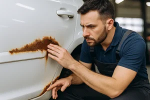 Profissional da área automotiva inspeciona a lateral de um carro com sinais visíveis de ferrugem na lataria, usando luz direta em ambiente de oficina.